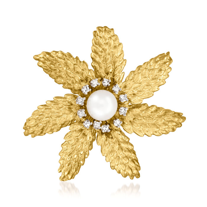 C. 1970 Vintage 8mm Cultured Pearl and .25 ct. t.w. Diamond Flower Pin in 14kt Yellow Gold