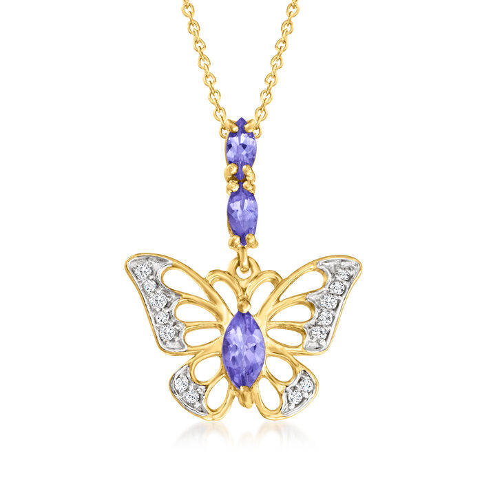 .50 ct. t.w. Tanzanite and .10 ct. t.w. White Topaz Butterfly Pendant Necklace in 18kt Gold Over Sterling
