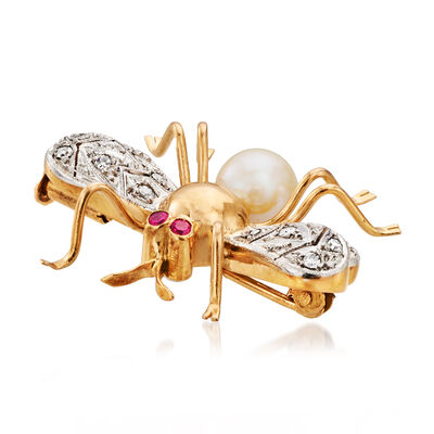 C. 1950 Vintage 7mm Cultured Pearl and .25 ct. t.w. Diamond Bumblebee Pin with Synthetic Ruby Accents in Platinum and 18kt Yellow Gold