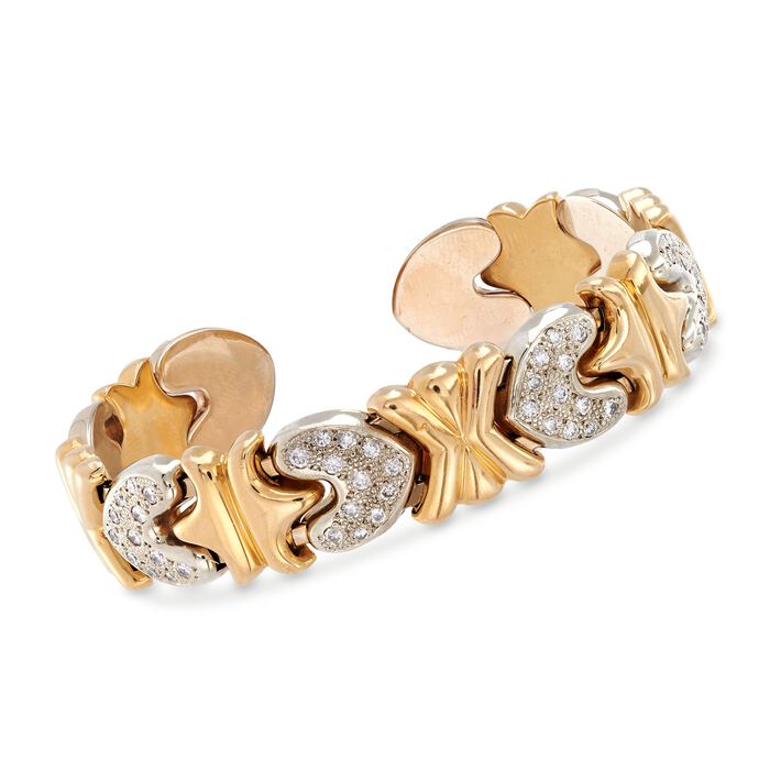 C. 1990 Vintage 1.00 ct. t.w. Pave Diamond Heart Cuff Bracelet in 14kt Two-Tone Gold