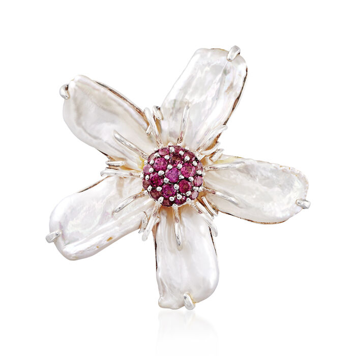 10-18mm Cultured Baroque Pearl and 1.50 ct. t.w. Rhodolite Garnet Flower Pin in Sterling Silver