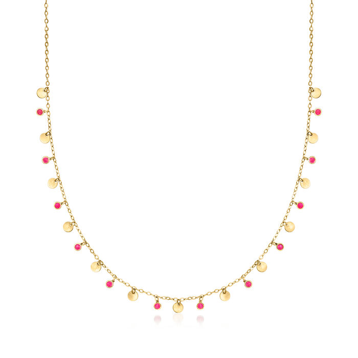 Italian Pink Enamel Disc Station Necklace in 14kt Yellow Gold