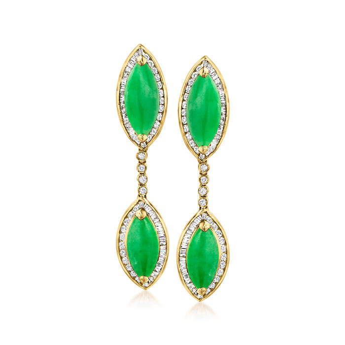 C. 1980 Vintage Jade and 1.80 ct. t.w. Diamond Drop Earrings in 18kt Yellow Gold