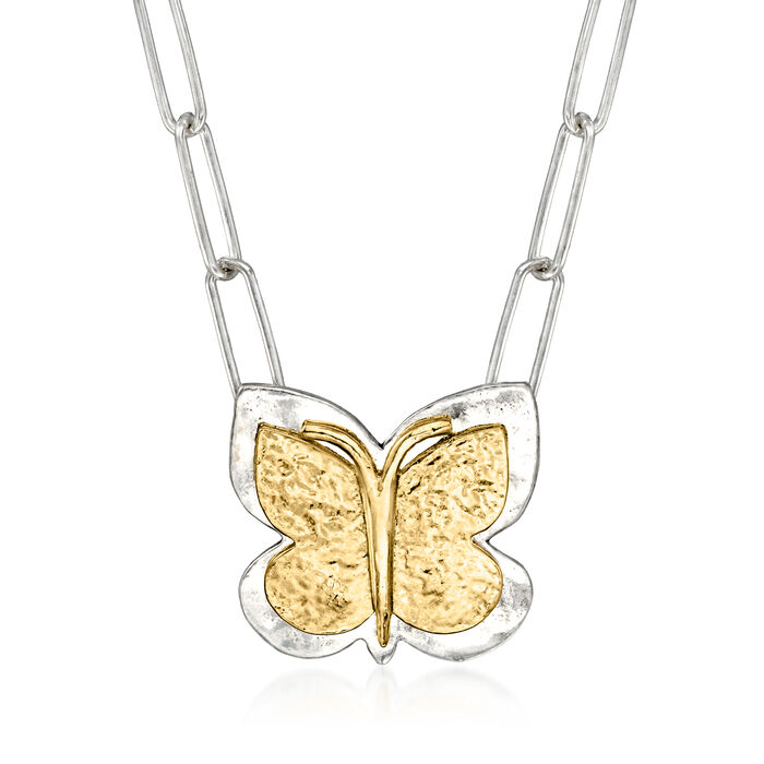 Two-Tone Sterling Silver Butterfly Paper Clip Link Necklace