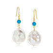 14-17mm Cultured Coin Pearl and .50 ct. t.w. Swiss Blue Topaz Drop Earrings in 18kt Gold Over Sterling