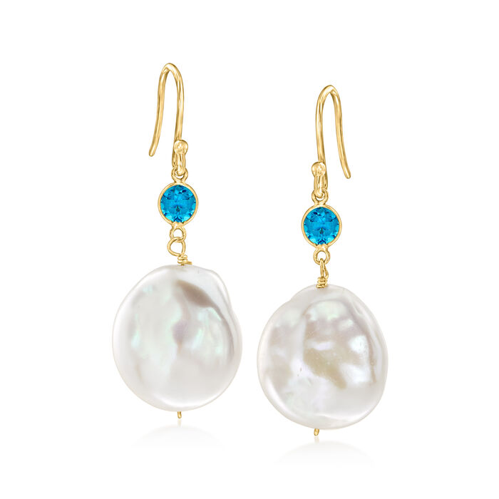 14-17mm Cultured Coin Pearl and .50 ct. t.w. Swiss Blue Topaz Drop Earrings in 18kt Gold Over Sterling