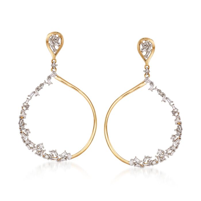 .53 ct. t.w. Baguette and Round Diamond Drop Hoop Earrings in 14kt Yellow Gold 