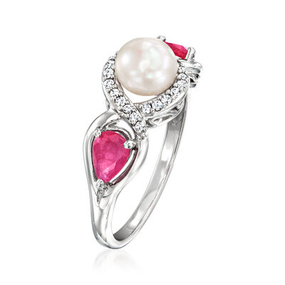 6-6.5mm Cultured Pearl and 1.00 ct. t.w. Ruby Ring with .13 ct. t.w. Diamonds in Sterling Silver
