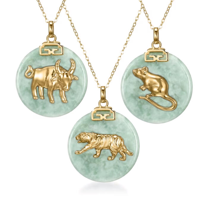 Jade Chinese Zodiac Pendant Necklace in 18kt Gold Over Sterling