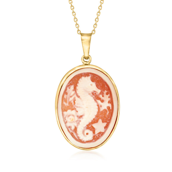 Italian Orange Shell Seahorse Cameo Pendant Necklace in 18kt Gold Over Sterling
