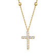 Italian .10 ct. t.w. CZ Cross Necklace with Station Beads in 14kt Yellow Gold