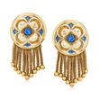 C. 1950 Vintage .75 ct. t.w. Sapphire and White Enamel Floral Tassel Clip-On Earrings in 14kt Yellow Gold