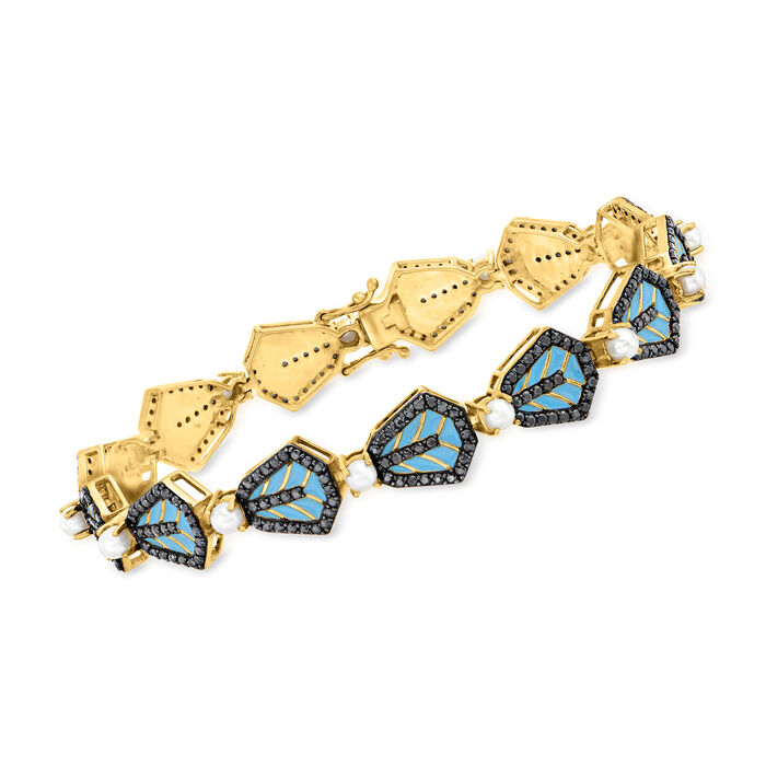 3.5mm Cultured Pearl and 3.00 ct. t.w. Black Spinel Bracelet with Blue Enamel in 18kt Gold Over Sterling