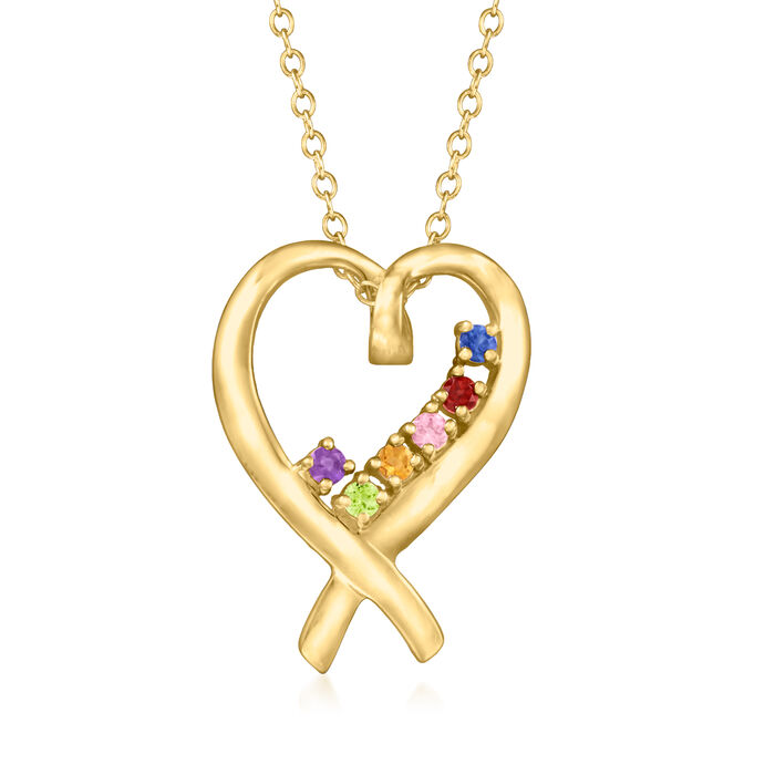 Personalized Heart Ribbon Pendant Necklace in 14kt Gold  2 to 7 Birthstones