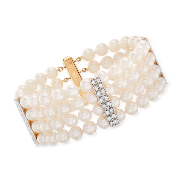 C. 1970 Vintage 6.5mm Cultured Pearl and 2.00 ct. t.w. Diamond Multi-Row Bracelet in 14kt Yellow Gold