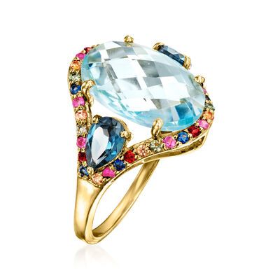 7.00 ct. t.w. Tonal Blue Topaz and .40 ct. t.w. Multicolored Sapphire Ring in 18kt Gold Over Sterling Silver