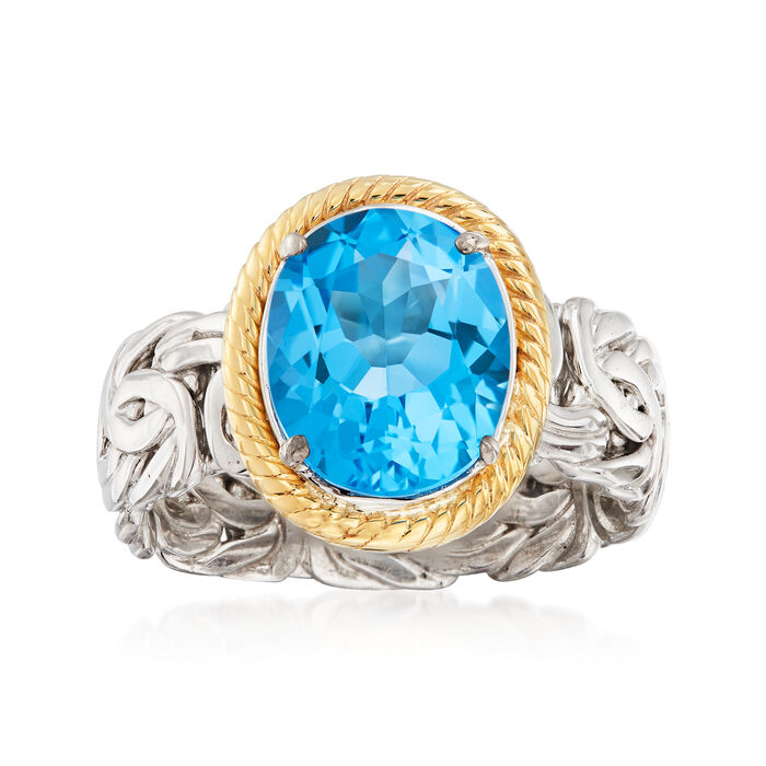 4.10 Carat Swiss Blue Topaz Byzantine Ring in Sterling Silver and 14kt Yellow Gold