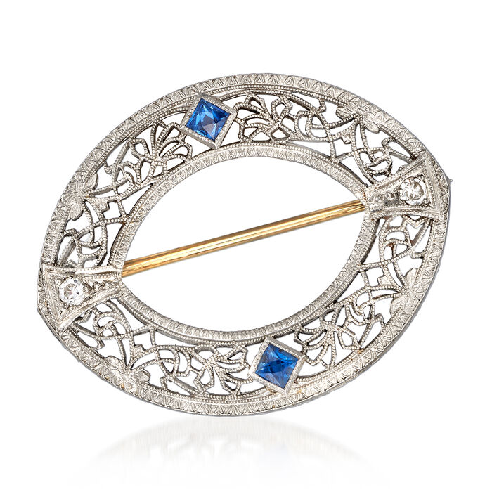 C. 1950 Vintage .20 ct. t.w. Simulated Sapphire Filigree Pin with Diamond Accents in 14kt White Gold