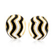 C. 1970 Vintage Black and White Enamel Wavy Clip-On Earrings in 14kt Yellow Gold