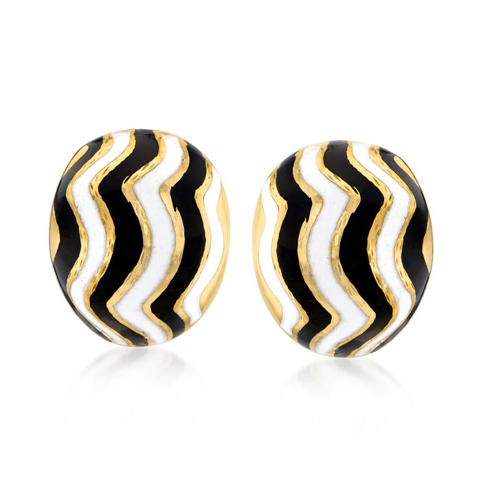 C. 1970 Vintage Black and White Enamel Wavy Clip-On Earrings in 14kt Yellow Gold
