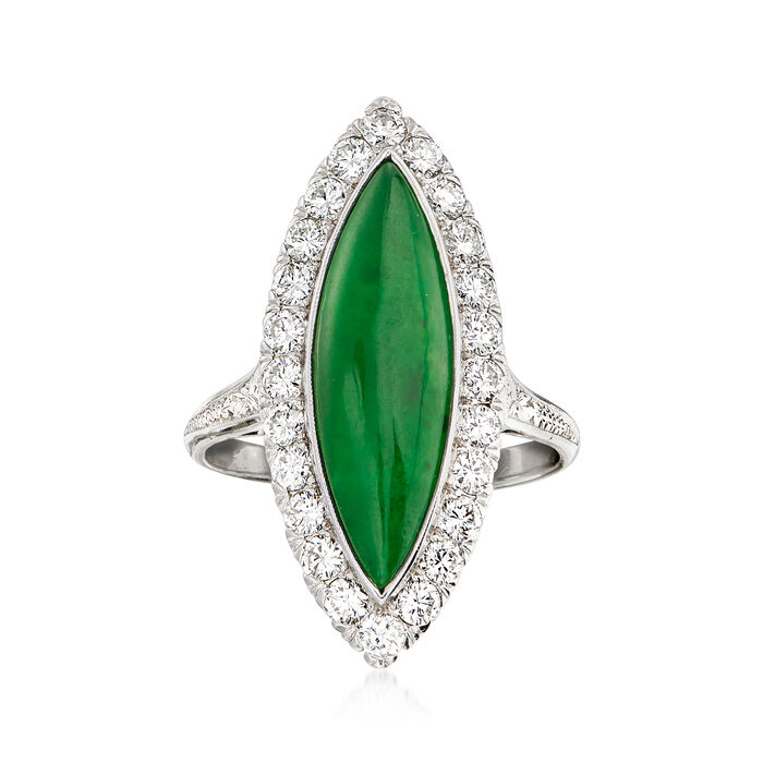 C. 1950 Vintage Nephrite and .80 ct. t.w. Diamond Marquise-Shaped Ring in Platinum
