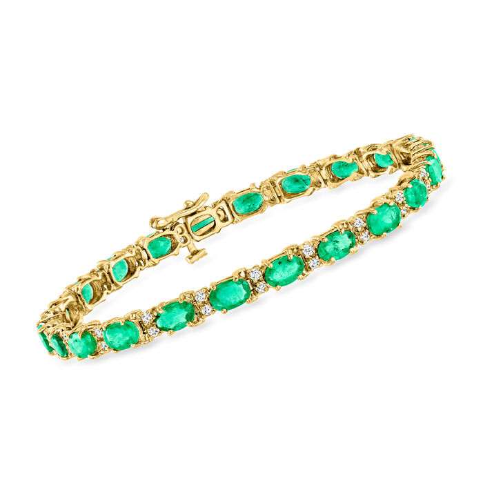 C. 1990 Vintage 8.80 ct. t.w. Emerald and 1.10 ct. t.w. Diamond Bracelet in 14kt Yellow Gold