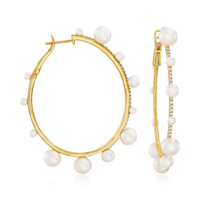 2.5-7mm Cultured Pearl and .38 ct. t.w. Diamond Hoop Earrings in 14kt Yellow Gold