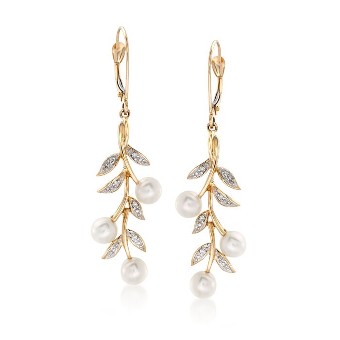 5mm Cultured Pearl and Diamond Accent Leaf Drop Earrings in 14kt Yellow Gold