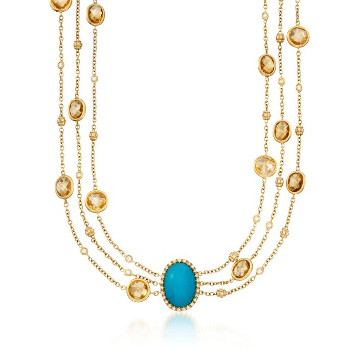 Italian Turquoise and 31.39 ct. t.w. Citrine Chain Necklace with Diamonds in 18kt Yellow Gold