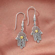 Sterling Silver Bali-Style Hamsa Hand Drop Earrings with 18kt Yellow Gold