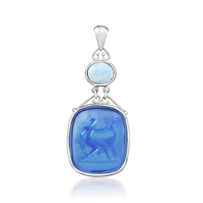 Italian 2.50 Carat Aquamarine and Blue Venetian Glass Pendant in Sterling Silver