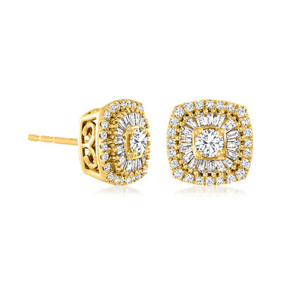 .75 ct. t.w. Baguette and Round Diamond Halo Earrings in 14kt Yellow Gold