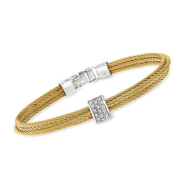 ALOR Yellow Stainless Steel Cable Bangle Bracelet with .15 ct. t.w. Diamond Station in 18kt White Gold