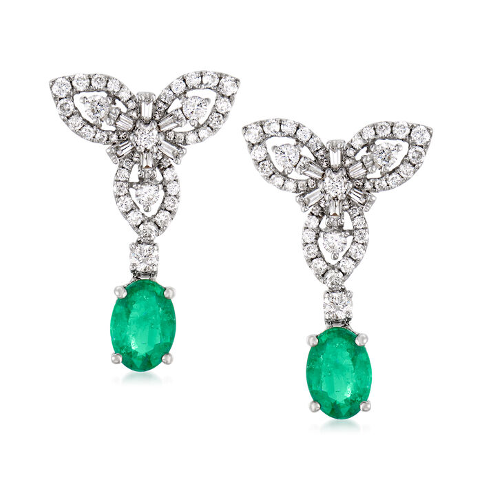 1.30 ct. t.w. Emerald and .80 ct. t.w. Diamond Drop Earrings in 18kt White Gold