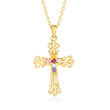 Personalized Scrollwork Cross Pendant Necklace in 14kt Gold  3 to 7 Birthstones