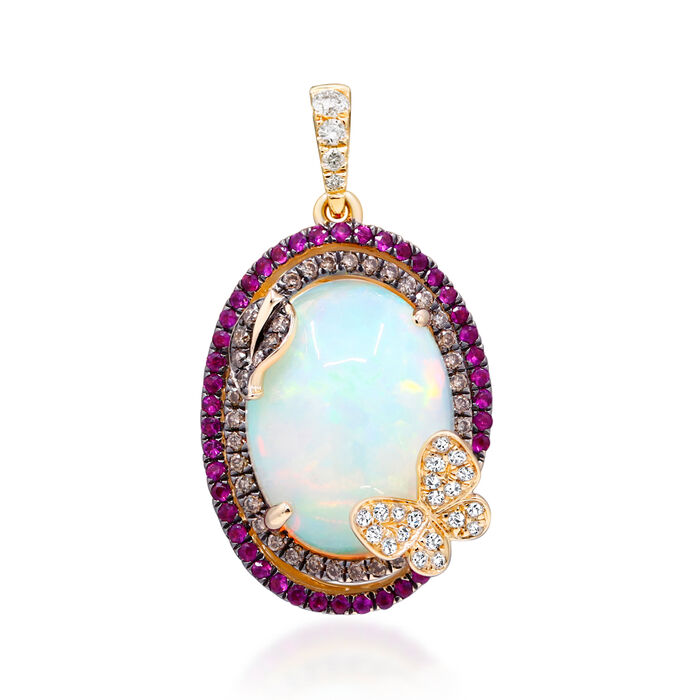 Ethiopian Opal Butterfly Pendant Necklace with .10 ct. t.w. Rubies and .29 ct. t.w. Multicolored Diamonds in 14kt Yellow Gold