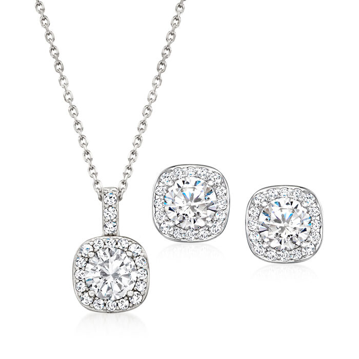 2.90 ct. t.w. CZ Jewelry Set: Pendant Necklace and Stud Earrings in Sterling Silver