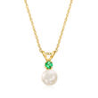 5-5.5mm Cultured Pearl and Emerald-Accented Pendant Necklace in 14kt Yellow Gold