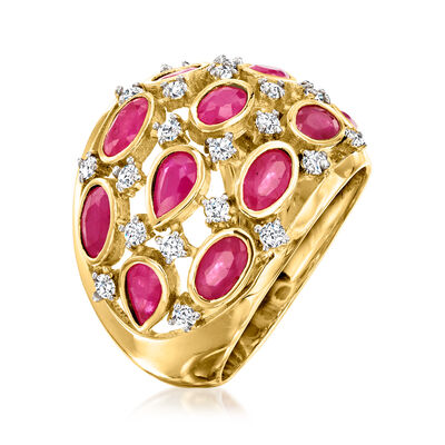 4.30 ct. t.w. Ruby Multi-Row Ring with .40 ct. t.w. White Zircon in 18kt Gold Over Sterling