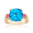 4.40 Carat Blue Topaz and .20 ct. t.w. Pink Tourmaline Ring with Diamond Accents in 14kt Yellow Gold