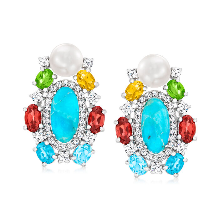 Turquoise, 6mm Cultured Button Pearl and 3.40 ct. t.w. Multi-Gemstone Earrings in Sterling Silver