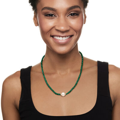 11.5-12.5mm Cultured Pearl and 75.00 ct. t.w. Emerald Bead Necklace with 14kt Yellow Gold