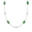 8-9mm Cultured Pearl and Carved Jade Station Necklace in Sterling Silver