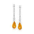 C. 1950 Vintage 2.40 ct. t.w. Citrine and .45 ct. t.w. Diamond Linear Drop Earrings in 14kt White Gold