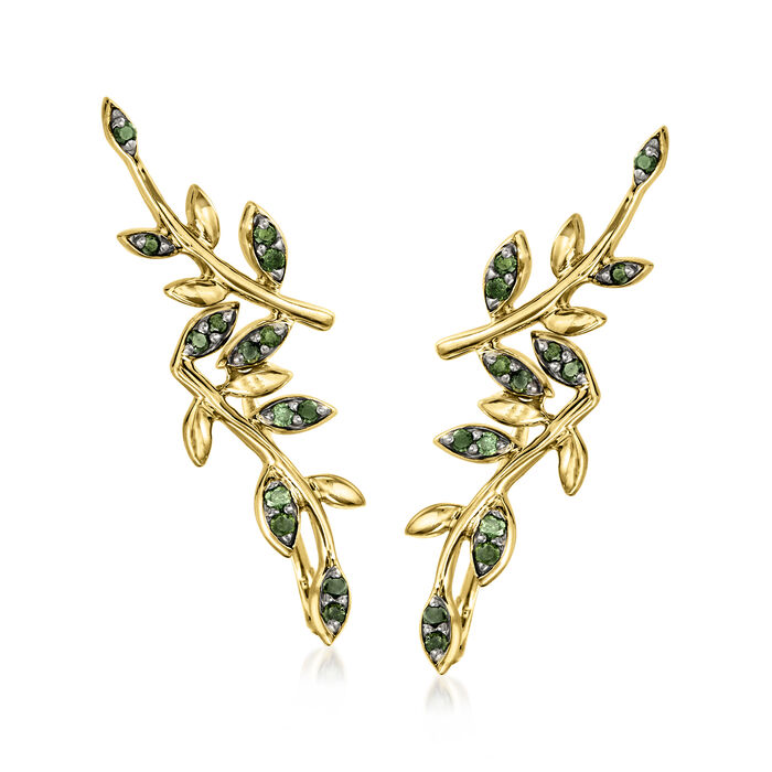 .15 ct. t.w. Green Diamond Leaf Ear Climbers in 18kt Gold Over Sterling