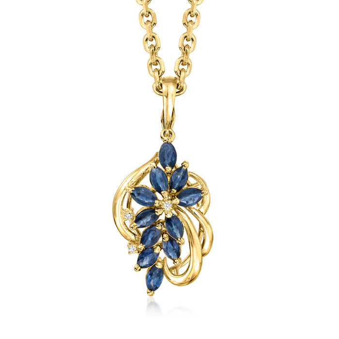C. 1980 Vintage 2.20 ct. t.w. Sapphire Pendant Necklace with Diamond Accents in 14kt Yellow Gold