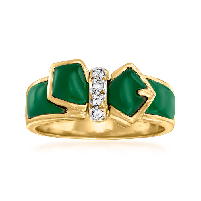 C. 1990 Vintage Carved Green Chalcedony Buckle Ring with Diamond Accents in 18kt Yellow Gold