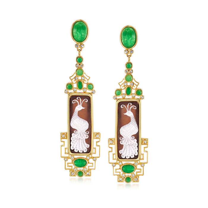 Italian Shell Cameo, 6.60 ct. t.w. Green Quartz and .50 ct. t.w. White Topaz Drop Earrings in 18kt Gold Over Sterling