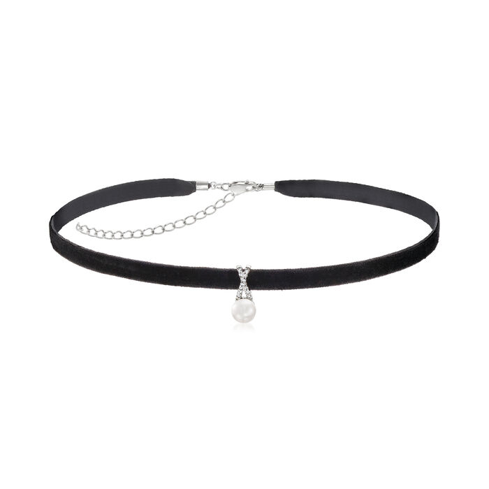 7-7.5mm Cultured Pearl and Diamond-Accented Pendant Choker Necklace with Sterling Silver and Black Velvet Cord