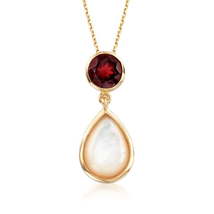 Mother-Of-Pearl and 2.20 Carat Garnet Pendant Necklace in 18kt Yellow Gold Over Sterling Silver